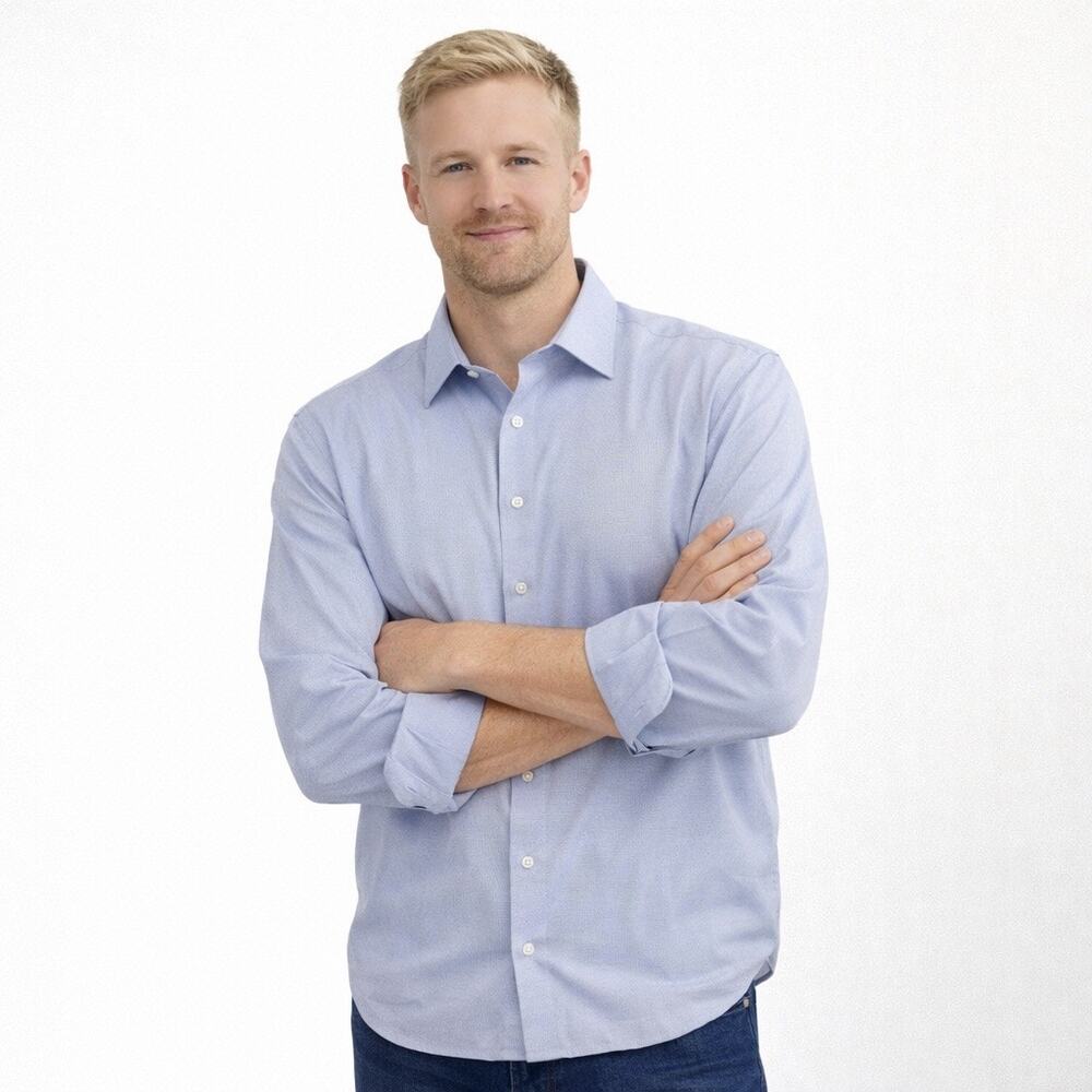 Cremieux Dress Shirt Mens 34 16.5 Blue Slim Fit Long Sleeve No Iron Stretch